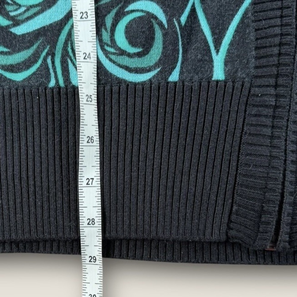 Bob Mackie Wearable Art Cardigan‎ Womens Large Black Teal Floral Zip Sweater - Picture 5 of 6